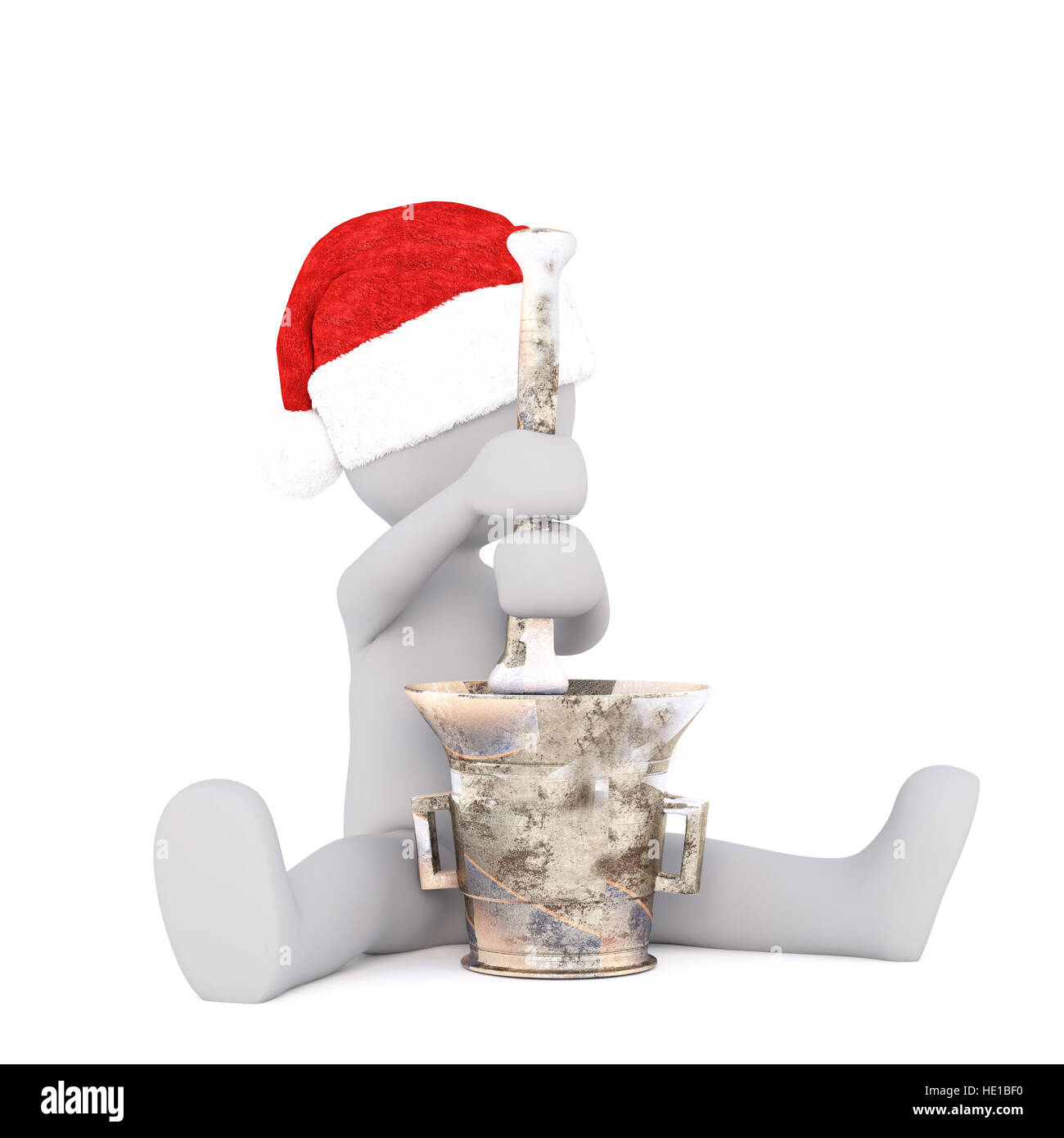 3D Mann in einem roten Weihnachten Santa Hut mit einer Messing-Stößel und Mörser, Hämmern, Kräuter oder Pharmazeutika, isolierte 3d gerenderte Darstellung auf weiß Stockfoto