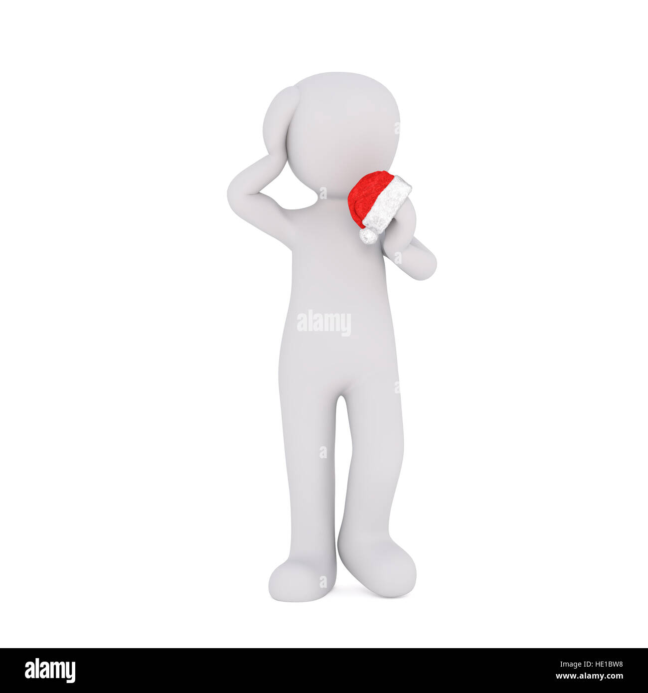Verwirrt 3d Mann mit einem kleinen roten Santa Hut in der Hand, rieb seinen Kopf wie He Wunder wie zu machen fit, 3d gerenderte Cartoon Illustration auf w isoliert Stockfoto