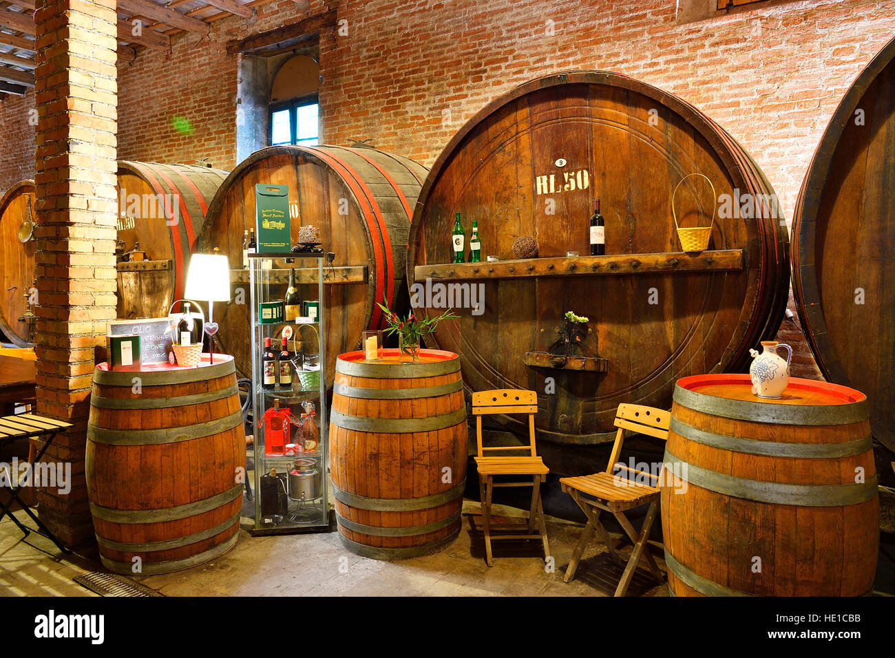 Fässer im Keller, Antica Cantina San't Amico Weingut, Morro D'Alba, Marche, Italien Stockfoto