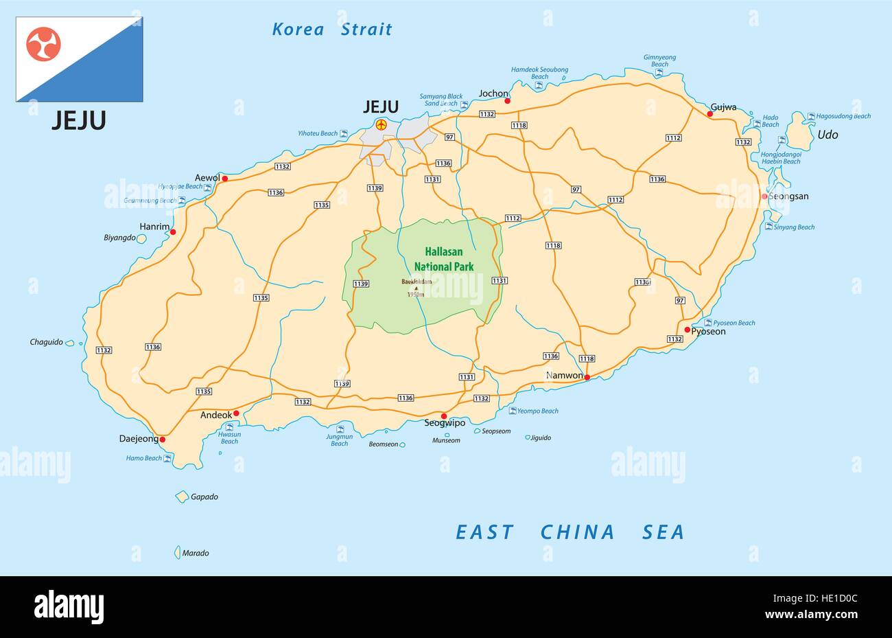 Straßenkarte von der südkoreanischen Jeju Island mit Flagge Stock Vektor