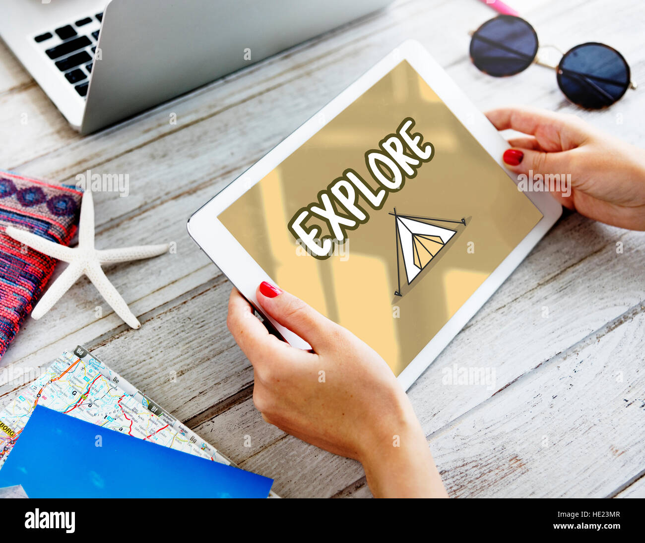 Outdoor Camping Zelt Grafikkonzept Stockfoto