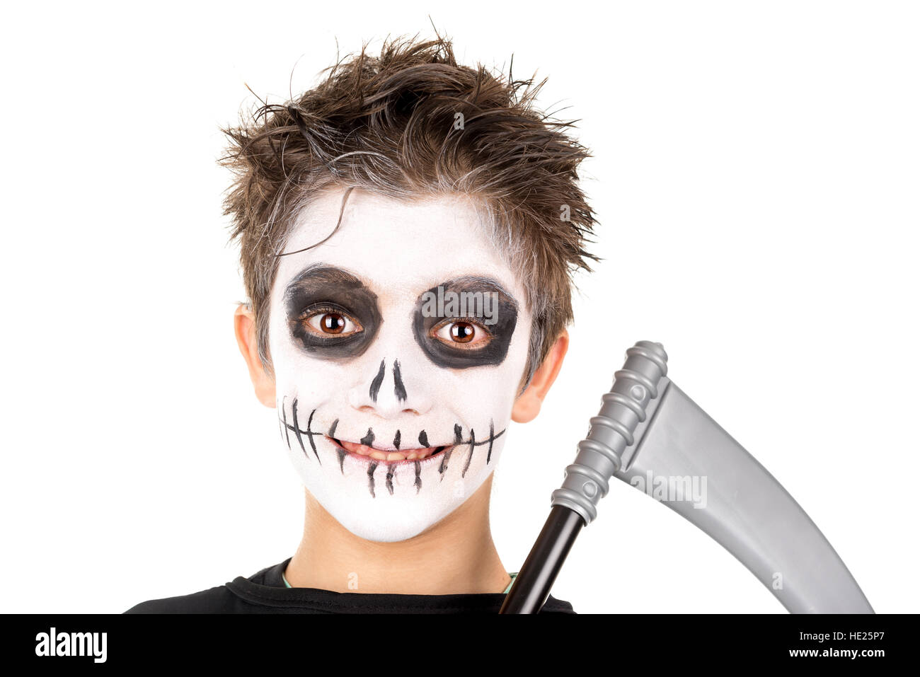 Kid im Halloween-Kostüm, die isoliert in weiß Stockfoto