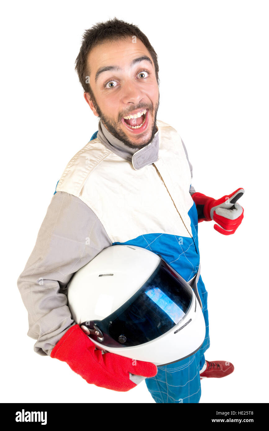 Rennfahrer posiert mit Helm isoliert in weiß Stockfoto
