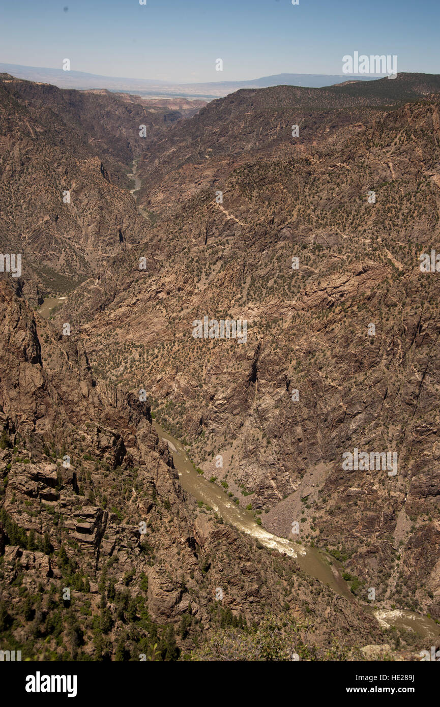 Gunnison River Schlucht Blick hinunter auf den Fluss, der die Schlucht von den hohen Klippen geschnitzt. Stromschnellen sind in der unteren Hälfte angezeigt. Stockfoto