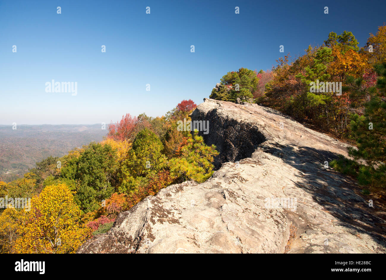 Anfang Herbst Farben bei hohen Felsen auf Pine Berg in Kentucky. Stockfoto