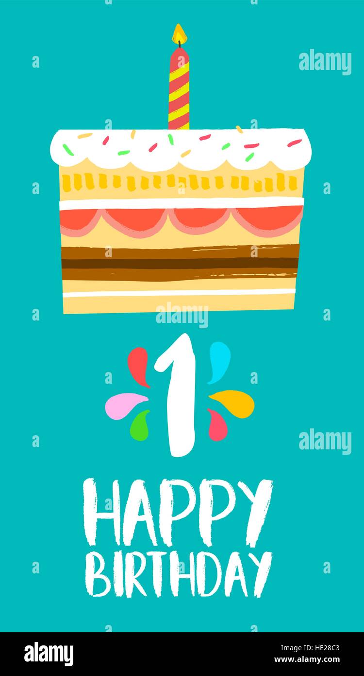Alles Gute zum Geburtstag Nummer 1, Grußkarte für ein Jahr in lustigen Kunst Stil mit Kuchen und Kerzen. Geburtstag Einladung, Glückwünsche oder Feier Stock Vektor