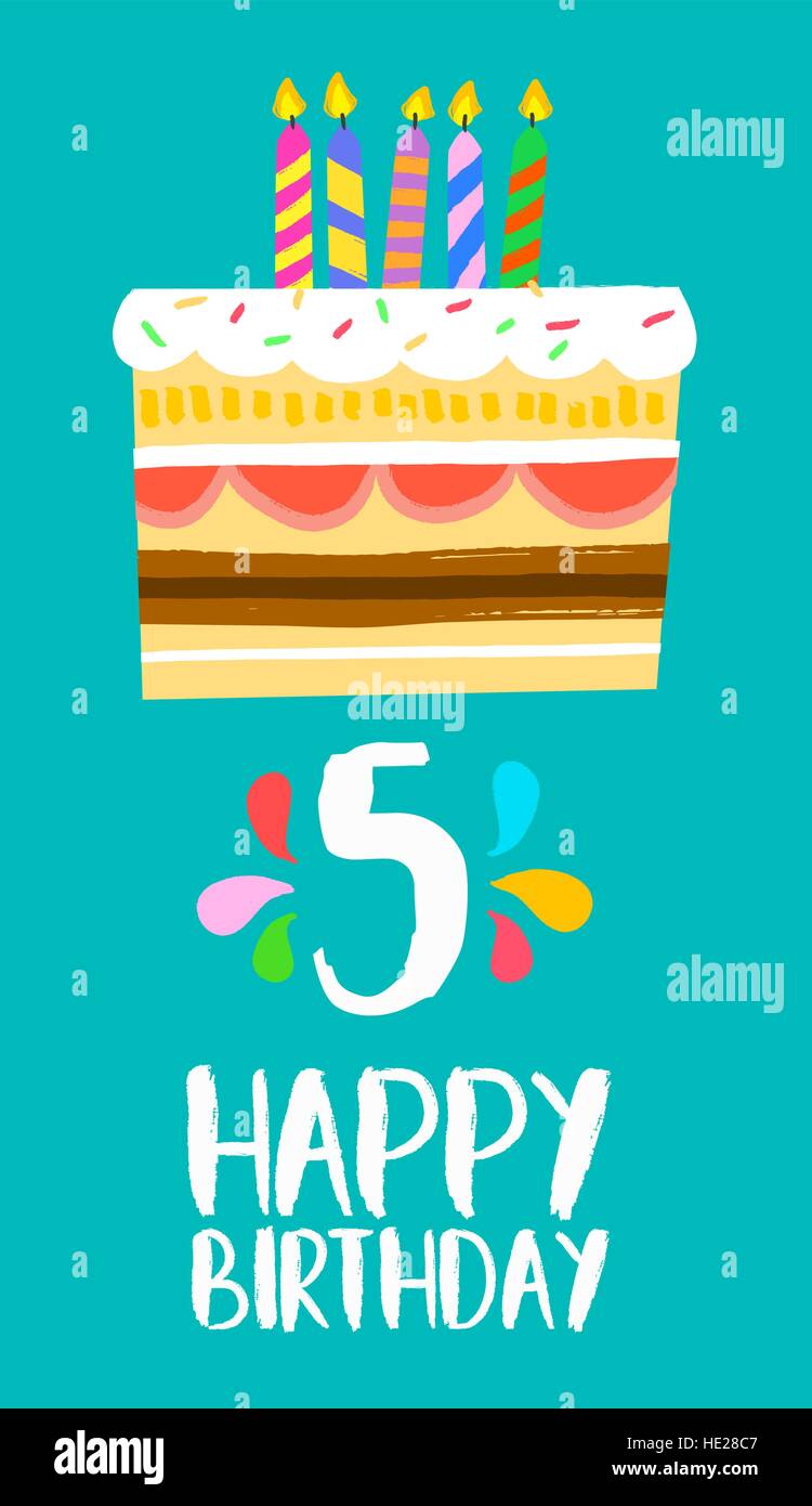 Alles Gute zum Geburtstag Nummer 5, Grußkarte für fünf Jahre in lustigen Kunst Stil mit Kuchen und Kerzen. Geburtstag Einladung, Glückwünsche oder Feier Stock Vektor