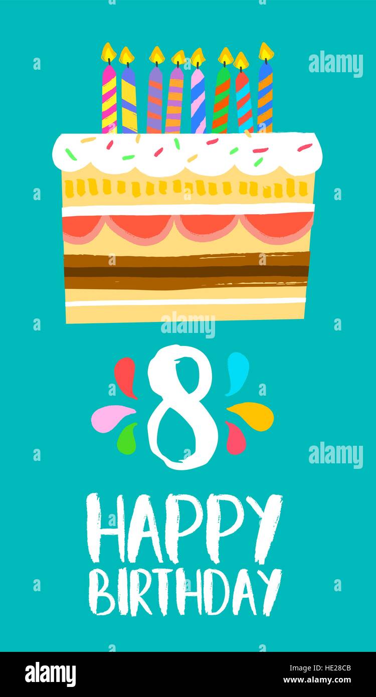 Alles Gute zum Geburtstag Nummer 8, Grußkarte für acht Jahre in lustigen Kunst Stil mit Kuchen und Kerzen. Geburtstag Einladung, Glückwünsche oder Feier Stock Vektor