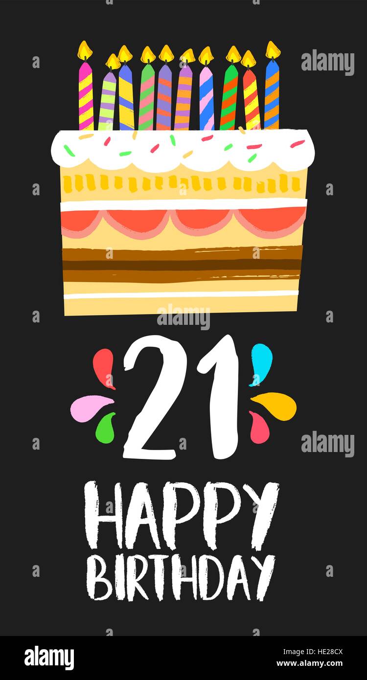 Alles Gute zum Geburtstag Nummer 21, Grußkarte für einundzwanzig Jahre in lustigen Kunst Stil mit Kuchen und Kerzen. Geburtstag Einladung, herzlichen Glückwunsch Stock Vektor