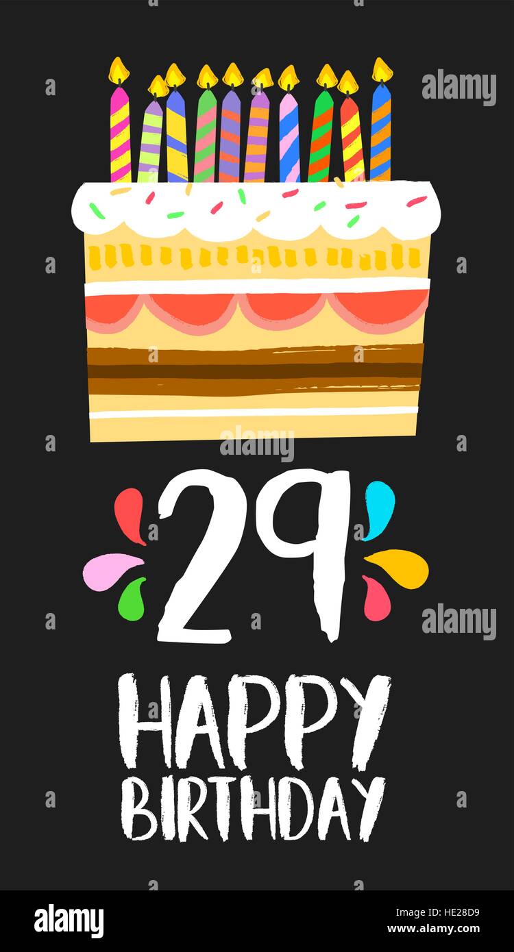 Alles Gute zum Geburtstag Nummer 29, Grußkarte für neunundzwanzig Jahre in lustigen Kunst Stil mit Kuchen und Kerzen. Geburtstag Einladung, herzlichen Glückwunsch Stock Vektor
