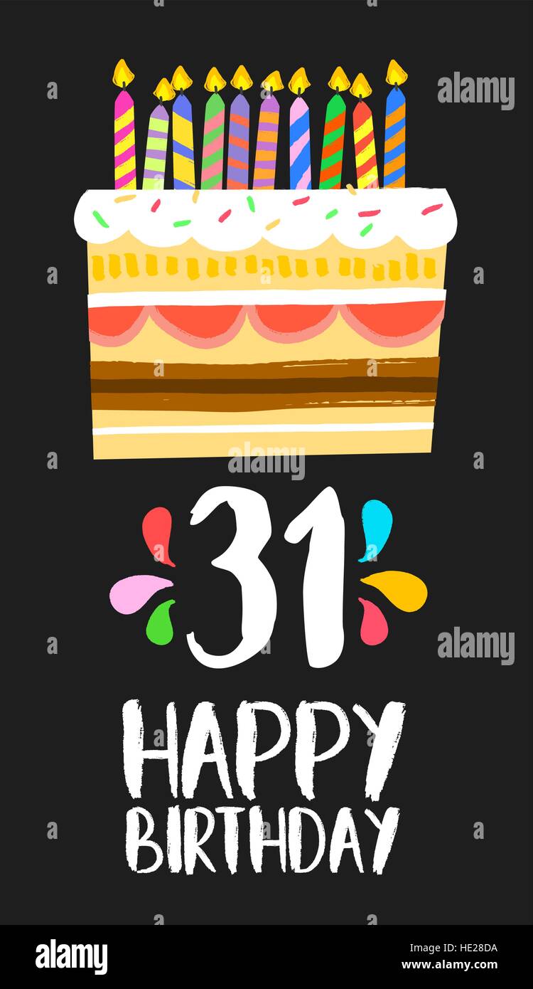 Alles Gute zum Geburtstag Nummer 31, Grußkarte für einunddreißig Jahre in lustigen Kunst Stil mit Kuchen und Kerzen. Geburtstag Einladung, Gratulation Stock Vektor