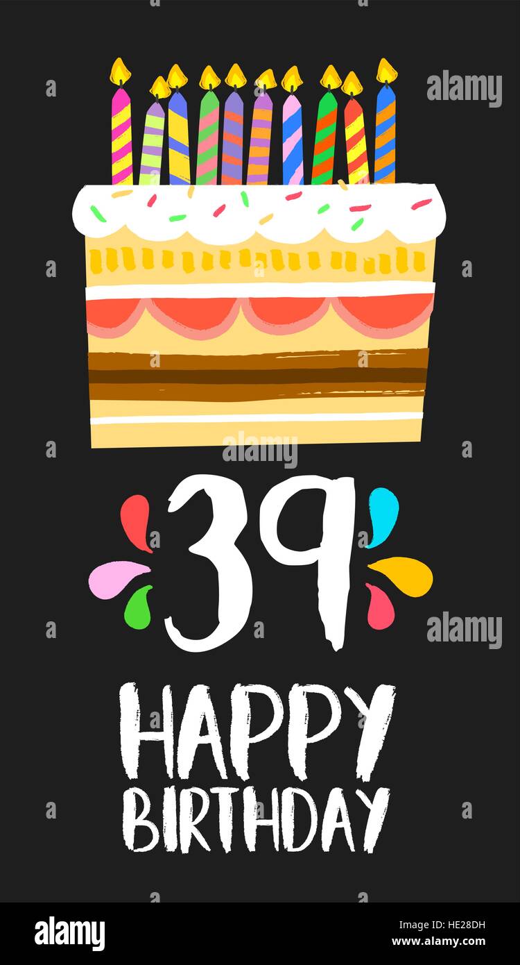 Alles Gute zum Geburtstag Nummer 39, Grußkarte für neununddreißig Jahre in lustigen Kunst Stil mit Kuchen und Kerzen. Geburtstag Einladung, Gratulation Stock Vektor