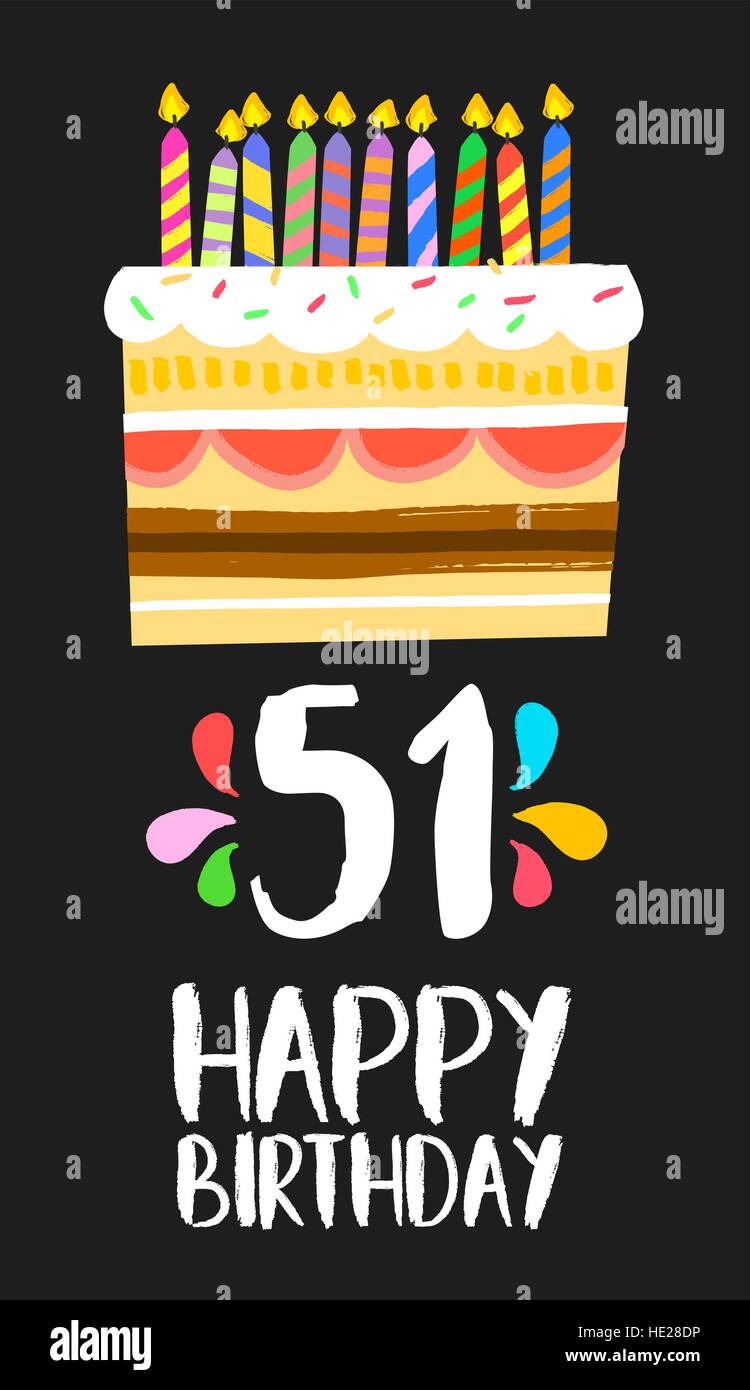 Alles Gute zum Geburtstag Nr. 51, Grußkarte, für fünfzig Jahre in lustigen Kunst Stil mit Kuchen und Kerzen. Geburtstag Einladung, herzlichen Glückwunsch Stock Vektor