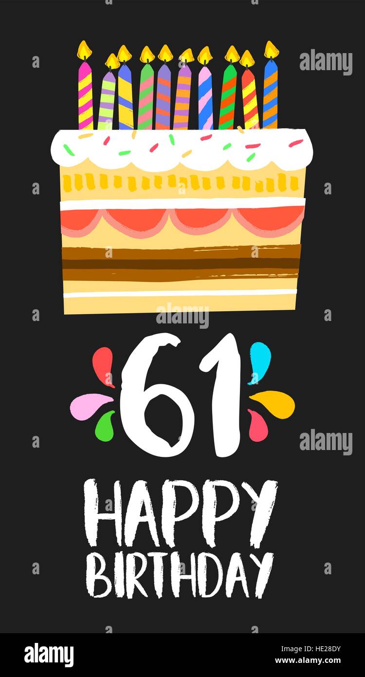 Alles Gute zum Geburtstag Nummer 61, Grußkarte für sechzig Jahre in lustigen Kunst Stil mit Kuchen und Kerzen. Geburtstag Einladung, herzlichen Glückwunsch Stock Vektor
