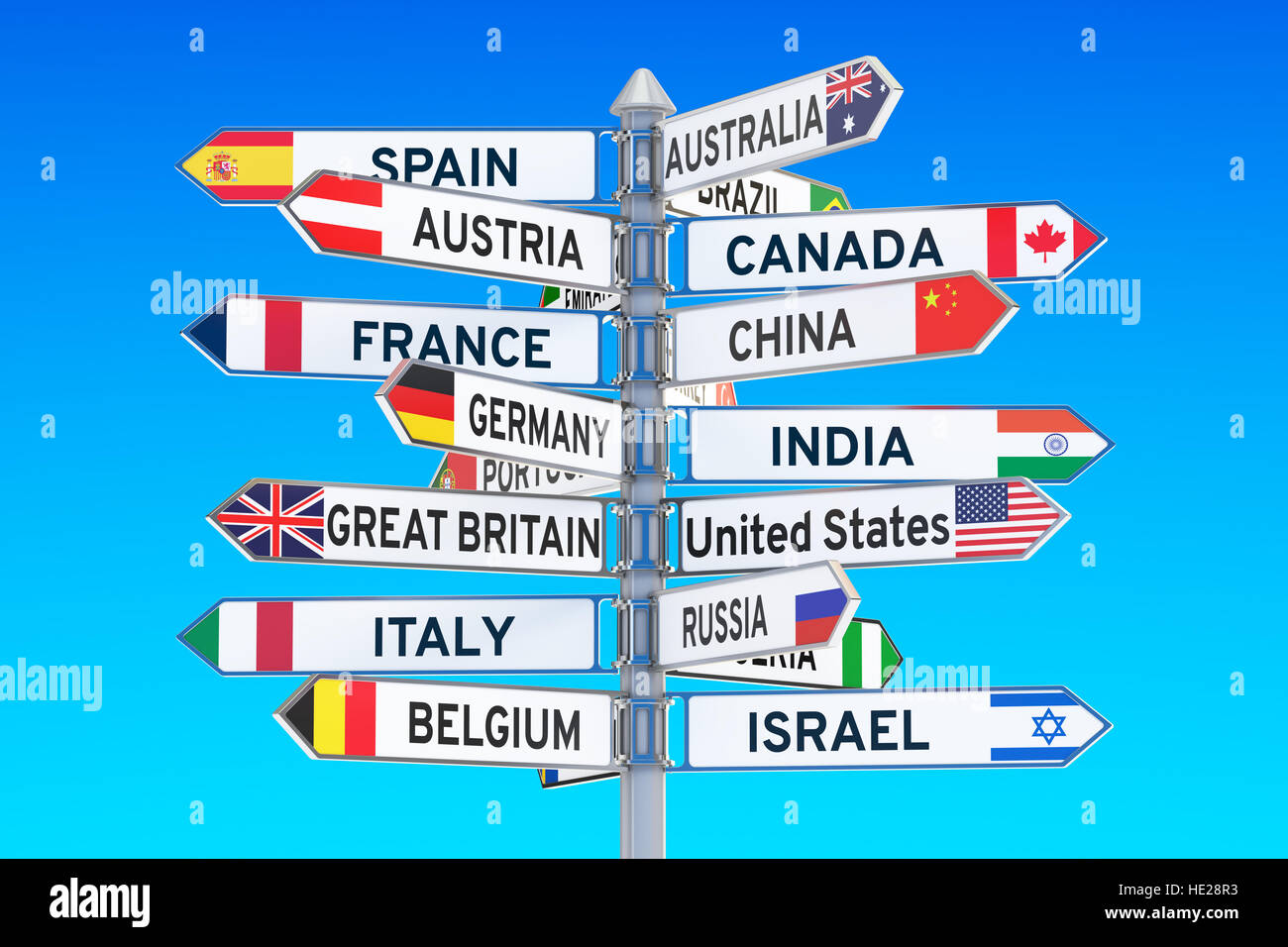Wegweiser mit den Namen der Länder, 3D rendering Stockfoto