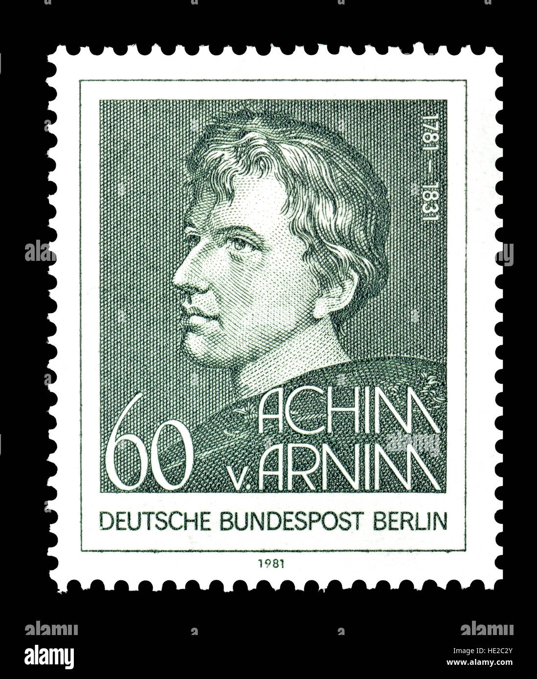 Deutsch (Berlin) Briefmarke (1981): Achim von Arnim (Carl Joachim Friedrich Ludwig von Arnim: 1781 – 1831) deutscher Dichter und Romanschriftsteller, führende Figur Stockfoto