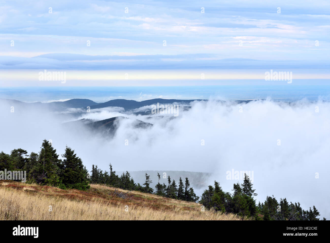 Niedrige weiße Wolken über dem fernen Waldhügel Sicht vom höchsten Berg der Jeseniky Berge Stockfoto