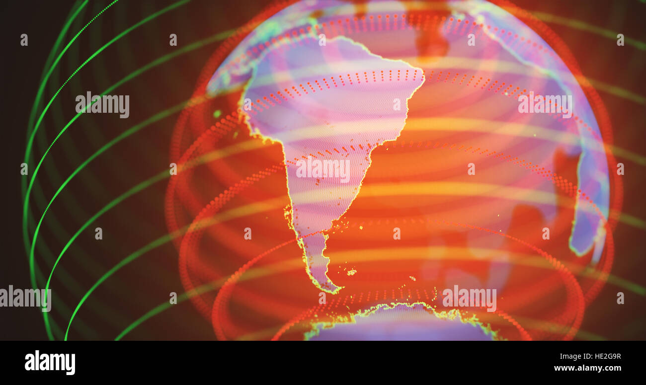 3D Illustration. Hologramm des Planetenerde in warmen Farben. Südamerika im Fokus. Stockfoto