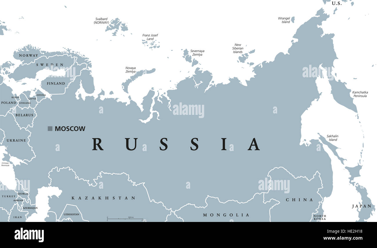 Politische Karte Russlands mit der Hauptstadt Moskau, nationale Grenzen und Nachbarländern. Russische Föderation, einen föderalen Staat. Stockfoto