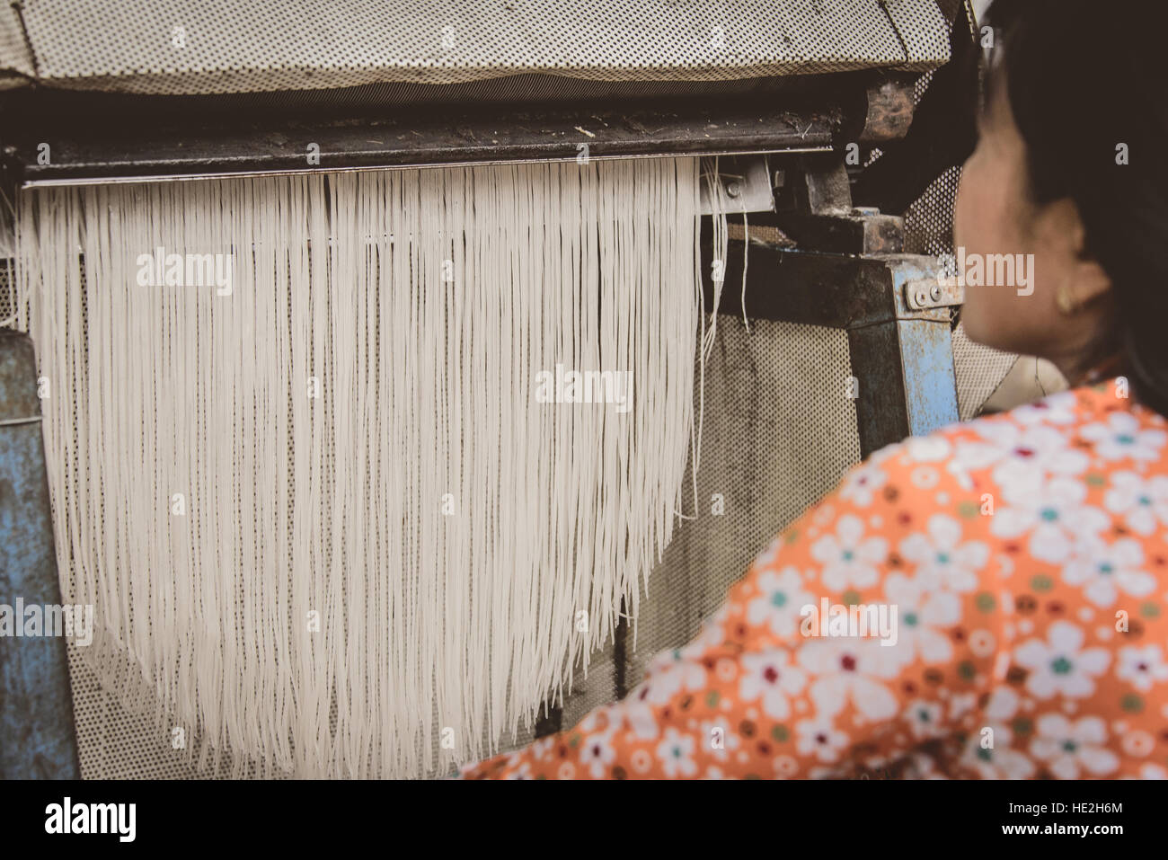 Vietnamesische Dame machen Reisnudeln entlang des Mekong Stockfoto