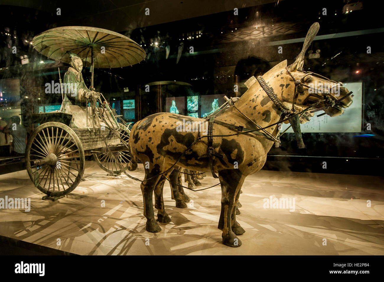 Chinesischen Wagen Pferde im Musée Terra Cotta-Terrakotta-Krieger Xian, China. Stockfoto