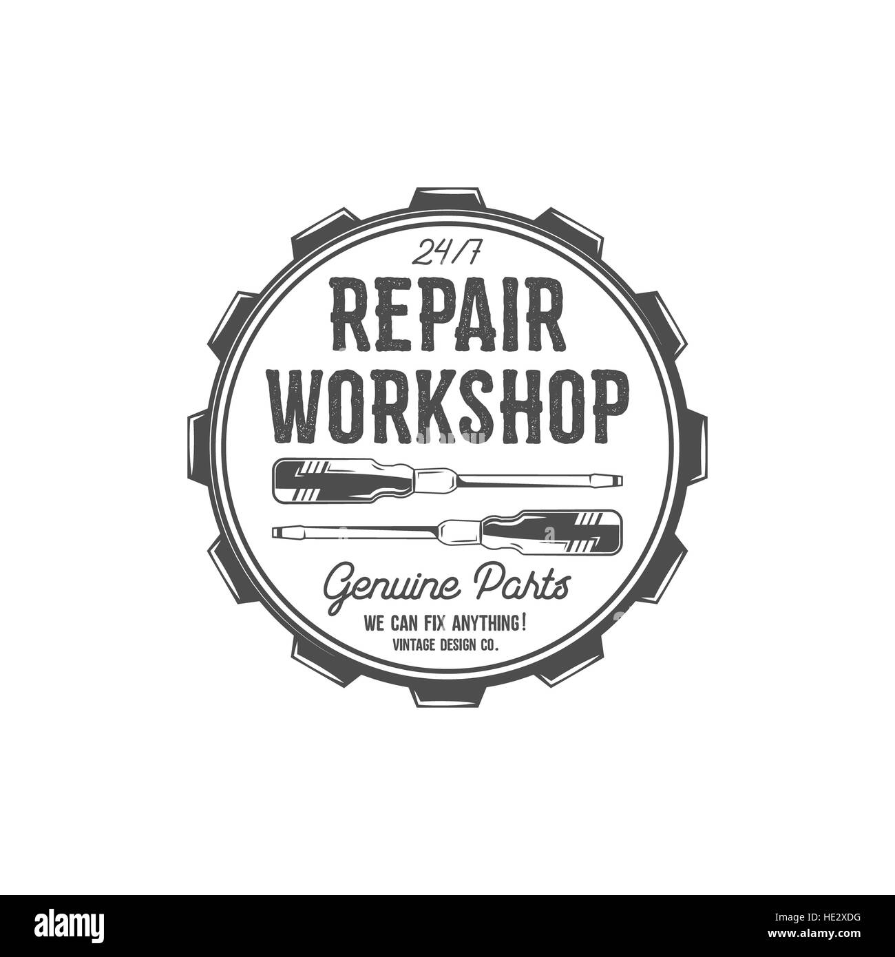 Vintage Label-Design. Reparatur-Werkstatt-Patch im alten Stil mit Schraubenziehern. Verwendung für Station, Auto-Service-Logo, Abzeichen, Insignien. Retro-Monochrom. Stempel. Stockfoto
