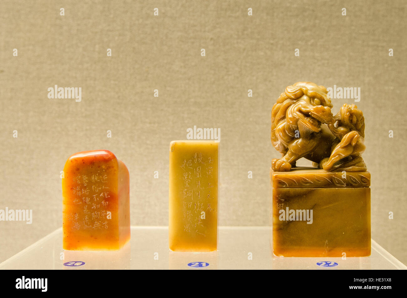 Antike jade Stempel Siegel Statue Skulptur Ausstellung Display im Shanghai Museum, Shanghai, China. Stockfoto