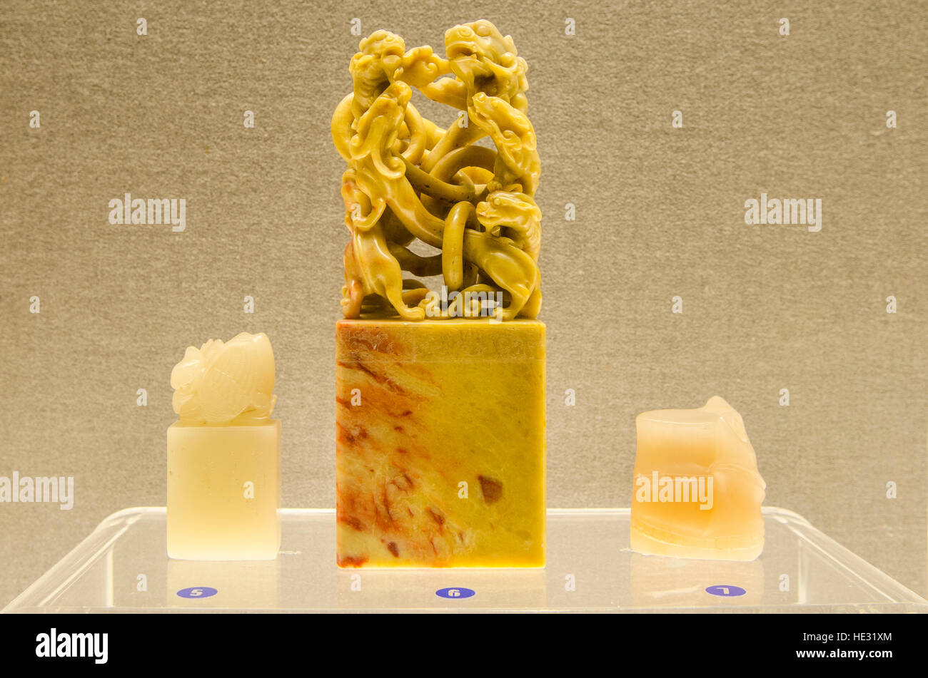 Antike jade Stempel Siegel Statue Skulptur Ausstellung Display im Shanghai Museum, Shanghai, China. Stockfoto