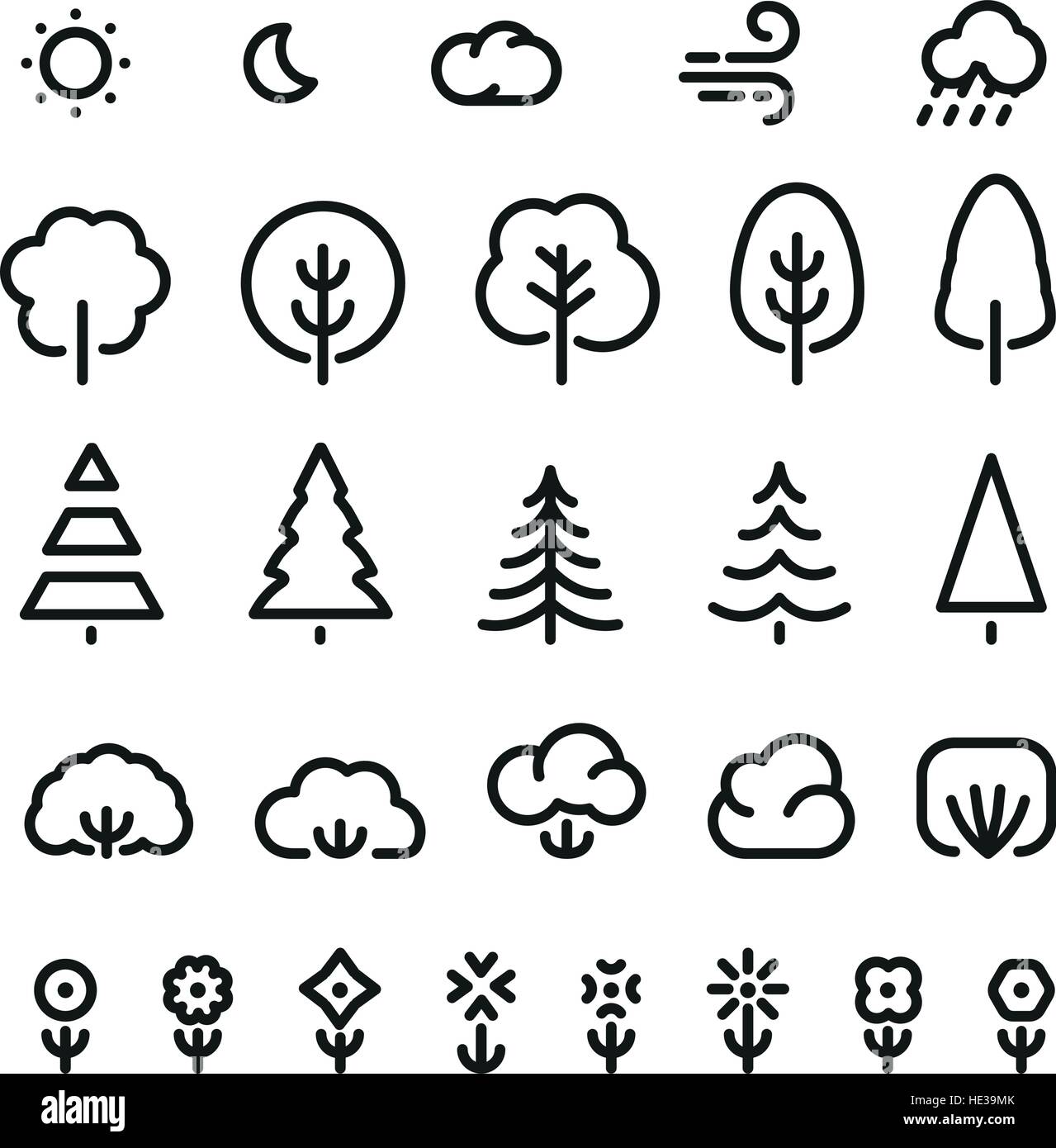 Isolierte schwarzer Farbe skizziert Nadelbäume, Sträucher, Blumen und Wettervorhersage Zeichen in einfarbige Linien Logo-Set. Einfache flache Vektor-Illustrationen der Naturelemente auf weiß. Eco-Symbole. Stock Vektor