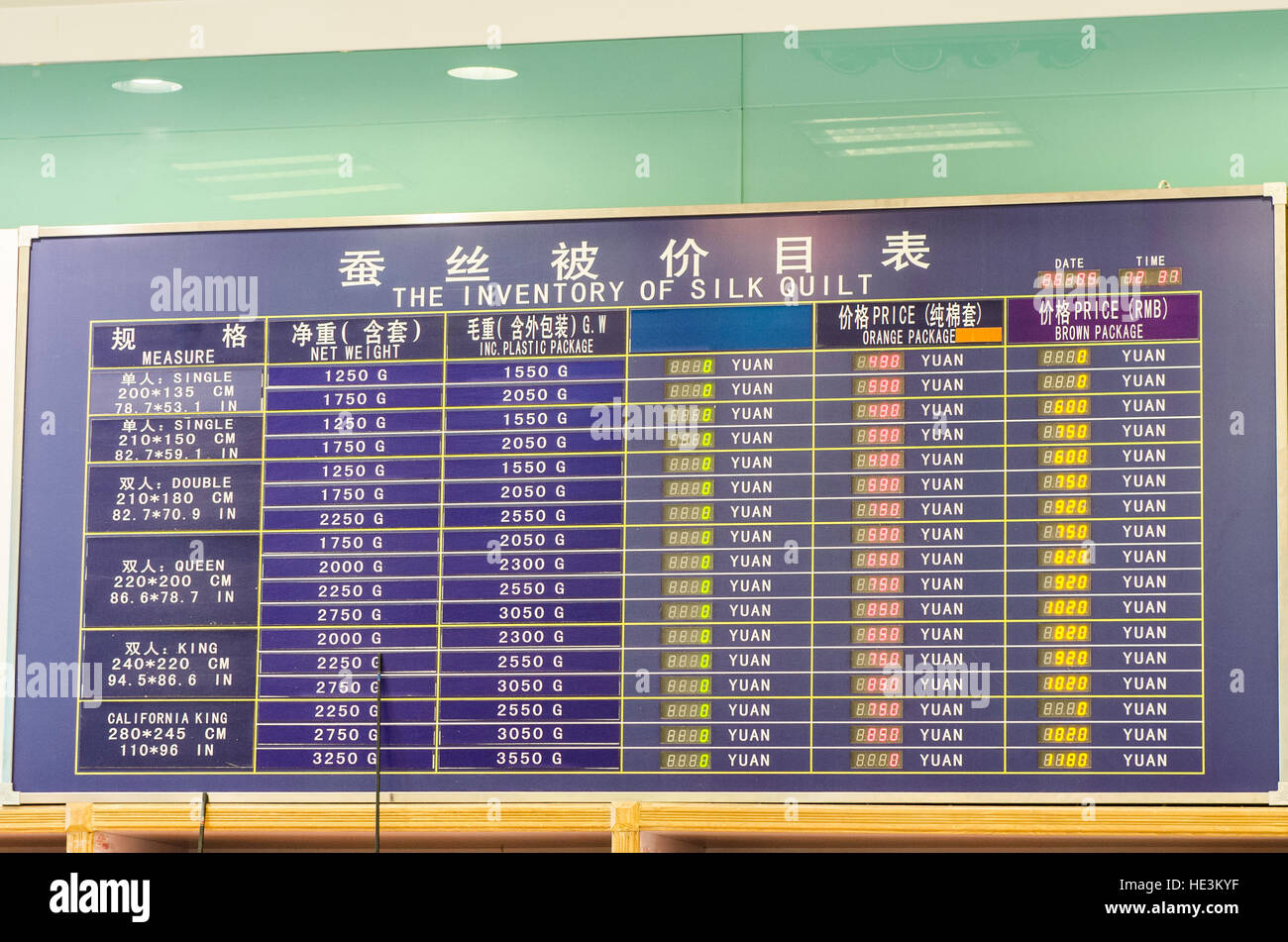 Seide Großhandelspreis Board an der Seide Spinnen Mühle Suzhou, China. Stockfoto