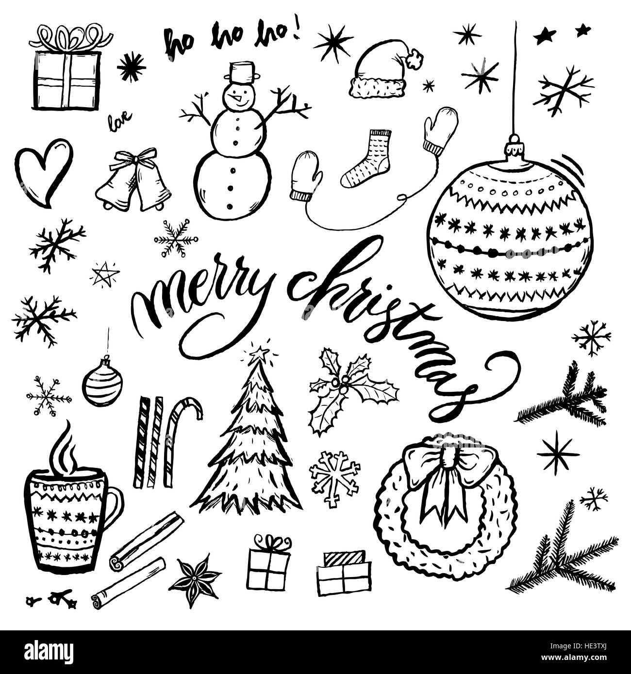 Frohe Weihnachten handgezeichnete Abbildung isoliert auf weißem Hintergrund mit Text. Satz von Raster Xmas handgezeichnete doodle Zeichnungen. Stockfoto