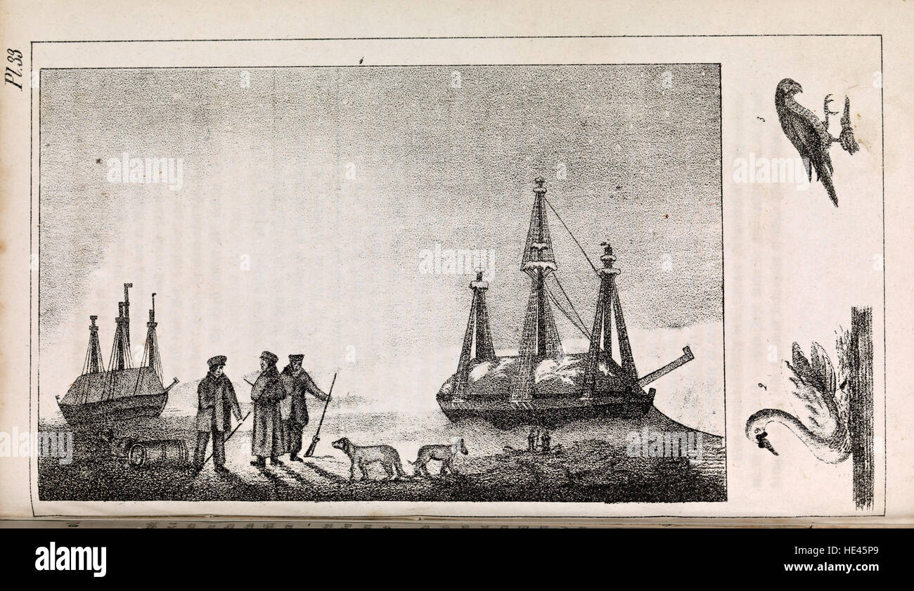 Eine historische Lithografie, die William Edward Parrys erste Reise und Winteraufenthalt auf Melville Island, Kanada, darstellt. Das Bild zeigt die Polarexpedition mit Hunden und Schiffen und veranschaulicht die arktische Erkundung des frühen 19. Jahrhunderts. Stockfoto