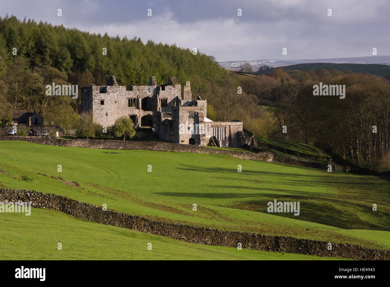 Barden Tower (Sonnenlicht auf einer wunderschönen historischen antiken Ruine, Waldbäume am Hang, sanfte Hügel) - Bolton Abbey Estate, Yorkshire Dales, England. Stockfoto