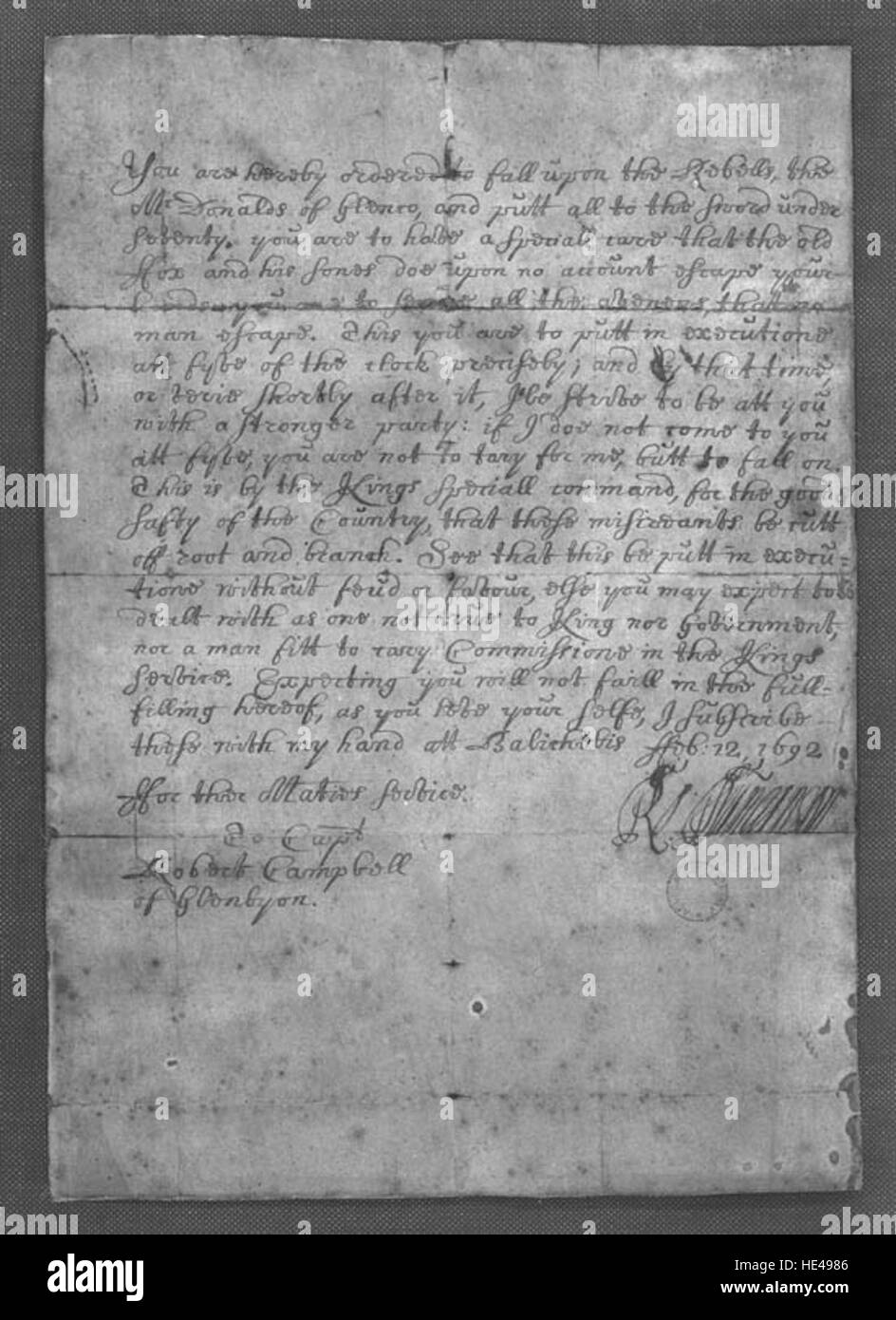 Das Massaker von Glencoe (1692) war ein brutales Ereignis in der schottischen Geschichte, bei dem der MacDonald-Clan nach dem Jakobitenaufstand von Regierungskräften angegriffen wurde. Stockfoto