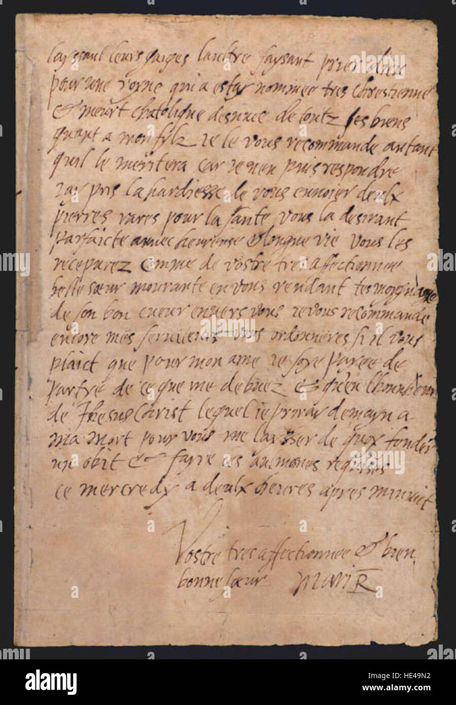 Der letzte Brief von Mary, Königin von Schotten, kurz vor ihrer Hinrichtung. Der Brief spiegelt ihre letzten Gedanken und die historische Bedeutung ihrer Herrschaft und ihres tragischen Endes wider Stockfoto