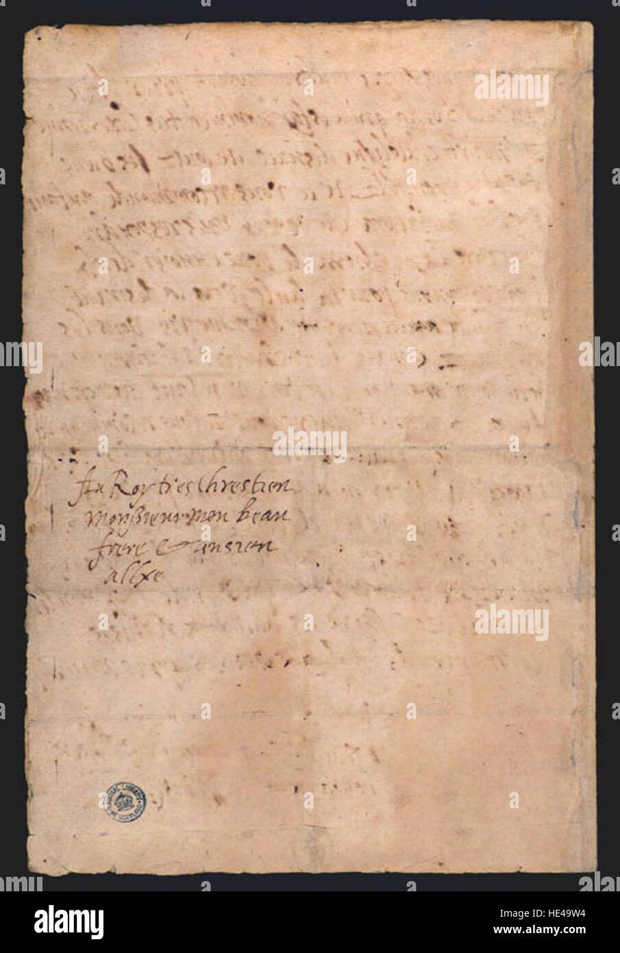 Dieses Bild zeigt den letzten Brief, den Mary, Königin von Schotten, vor ihrer Hinrichtung geschrieben hat, und stellt ein ergreifendes historisches Artefakt dar, das ihre letzten Momente und Gedanken während der turbulenten Periode des Englands des 16. Jahrhunderts widerspiegelt. Stockfoto