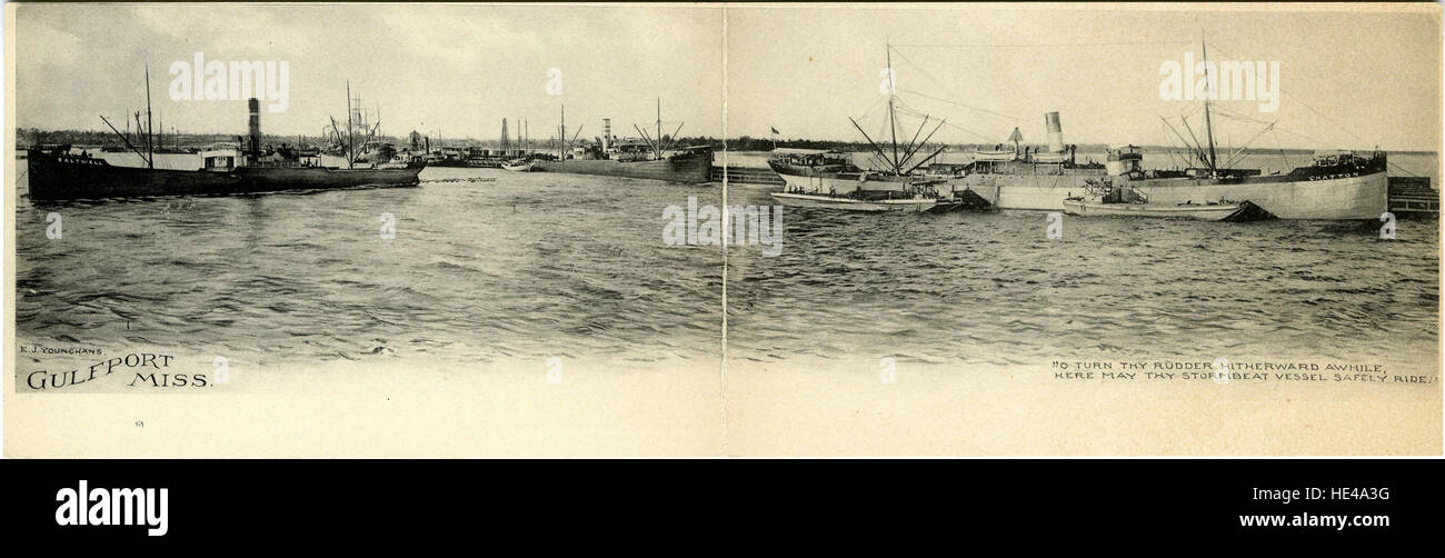 Diese Vintage-Postkarte fängt die historische Stadt Gulfport, Mississippi, ein und bietet einen Einblick in die Vergangenheit mit ihrer Darstellung der Wahrzeichen der Stadt und der alten Architektur. Stockfoto