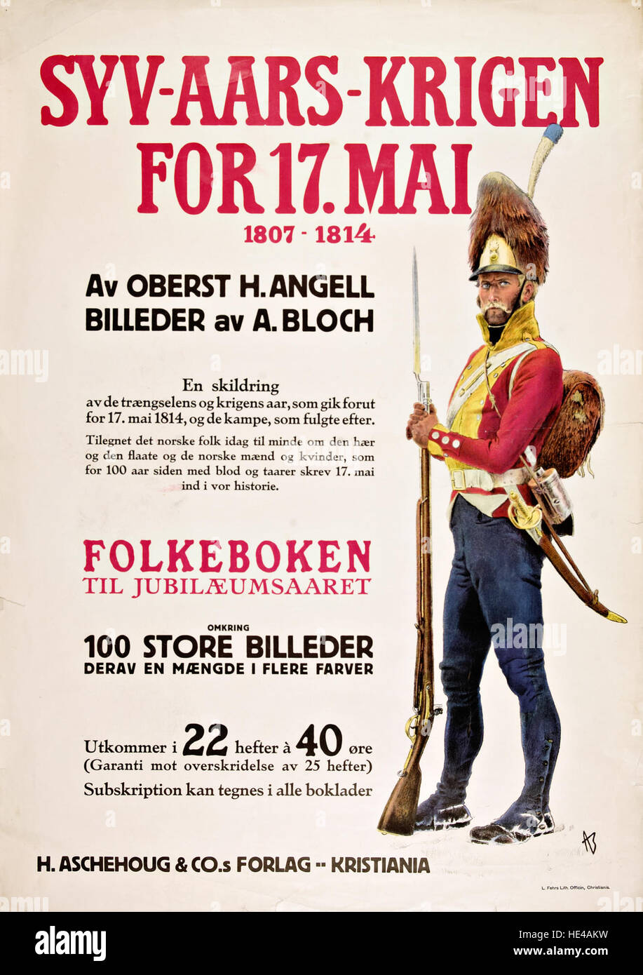 Dieses Bild zeigt die historischen Ereignisse des Siebenjährigen Krieges (1807–1814), an die im Buch „Folkeboken til Jubilumsåret“ erinnert wird. Die Illustration von Andreas Bloch zeigt die Auswirkungen des Krieges auf Norwegen und sein Volk im frühen 19. Jahrhundert. Stockfoto