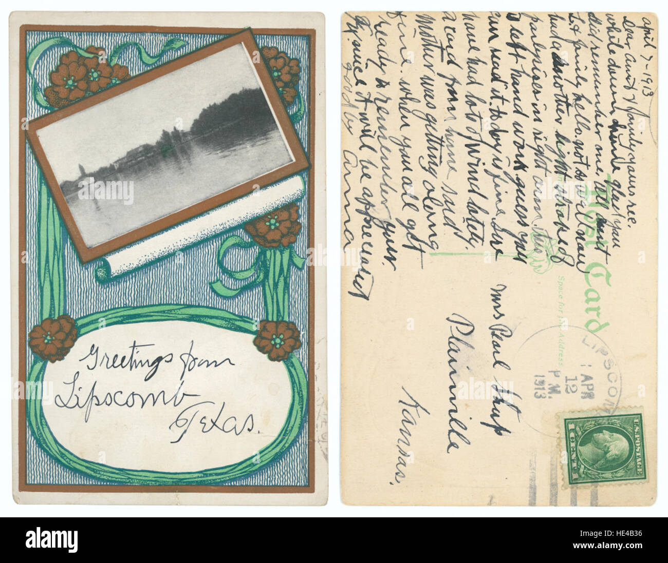 Dieses historische Bild zeigt eine vergangene Szene aus Lipscomb, Texas, und bietet einen Einblick in die Vergangenheit. Das Foto zeigt die ländlichen Wohnungen und Flüsse der Region und spiegelt die historische Bedeutung dieser texanischen Gemeinde wider. Stockfoto