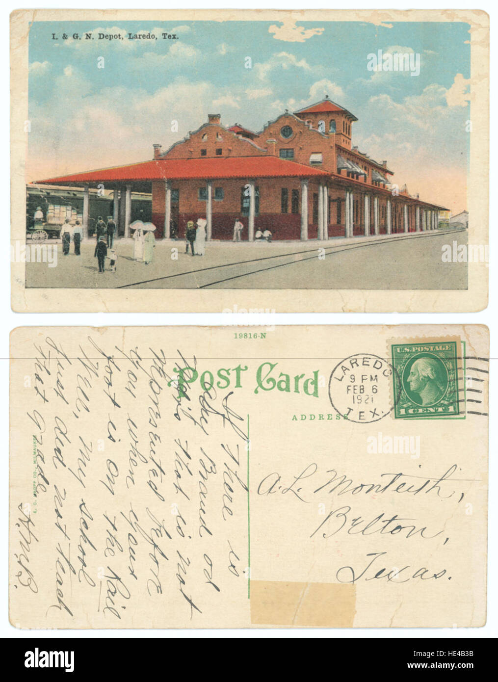 Das I & G N Depot in Laredo, Texas, repräsentiert die historische Bedeutung der Eisenbahnen im amerikanischen Südwesten und diente als wichtiger Verkehrsknotenpunkt im späten 19. Und frühen 20. Jahrhundert. Stockfoto