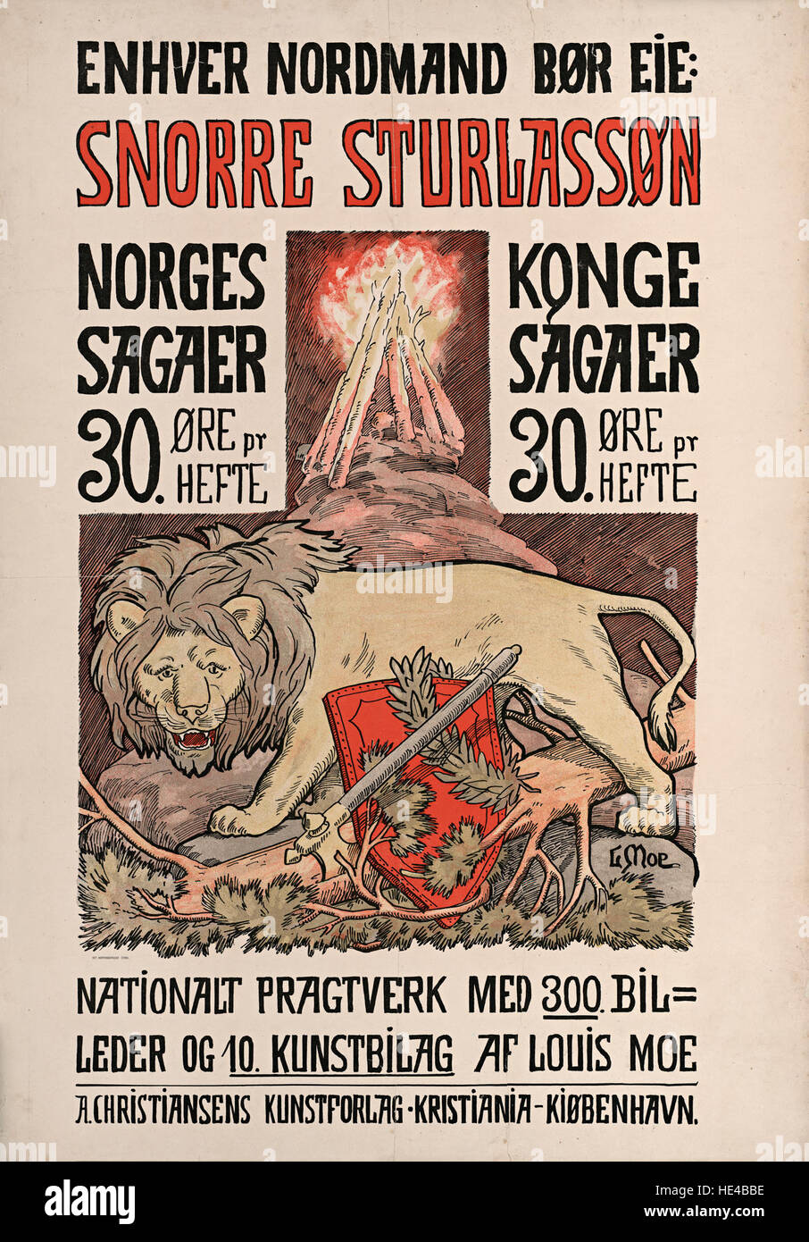 Dieses Buchplakat aus A. Christiansens Kunstforlag mit Louis Moes Illustration präsentiert Snorre Sturlassons „Norges Kongesagaer“. Es zeigt eine historische Darstellung norwegischer Könige und Sagen, die die reiche mittelalterliche Geschichte Norwegens widerspiegelt. Stockfoto