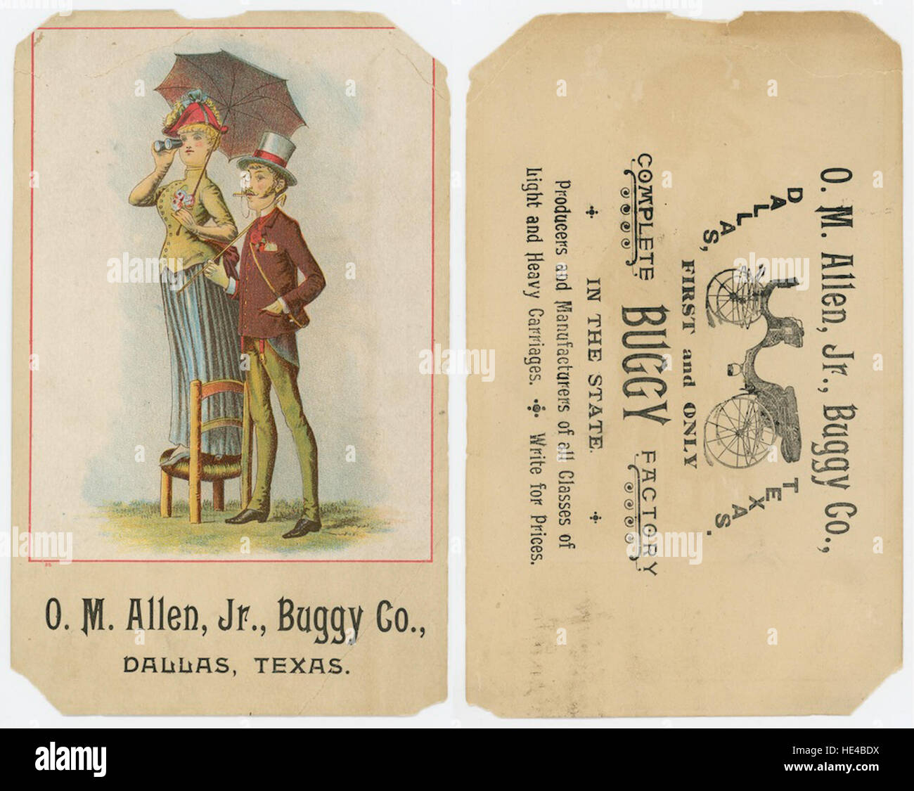 Diese Werbung von O M Allen, Jr., Buggy Co. In Dallas, Texas, zeigt Frauen und Männer in traditionellen Kutschen und zeigt einen Aspekt vergangener Transporte und Handel im Amerika des späten 19. Jahrhunderts. Stockfoto