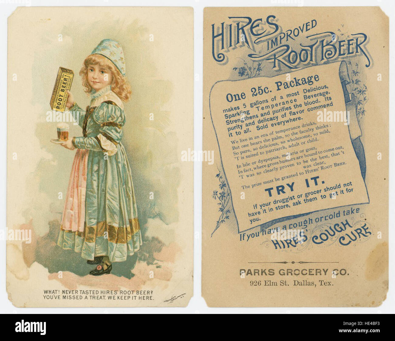 Diese Vintage-Werbung für Hires' Root Beer wirbt für das Getränk als ein absolutes muss. Der Werbespot spiegelt das Marketing des frühen 20. Jahrhunderts und die wachsende Popularität von alkoholfreien Getränken in der amerikanischen Kultur wider. Stockfoto