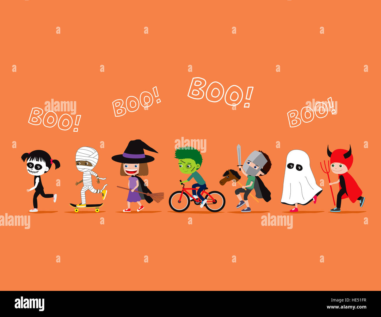 Halloween Kinder. Satz von Cartoon Kinder in Kostümen: Mumie, Hexe oder Zauberer, Zombie, Ritter, Ghost und Teufel Stockfoto