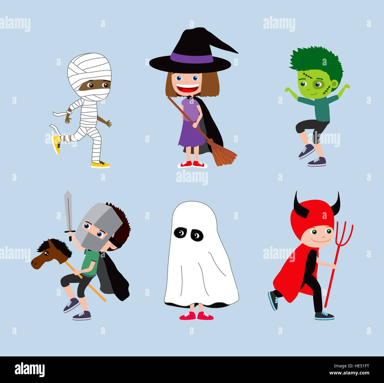 Halloween Kinder. Satz von Cartoon Kinder in Kostümen: Mumie, Hexe oder Zauberer, Zombie, Ritter, Ghost und Teufel Stockfoto