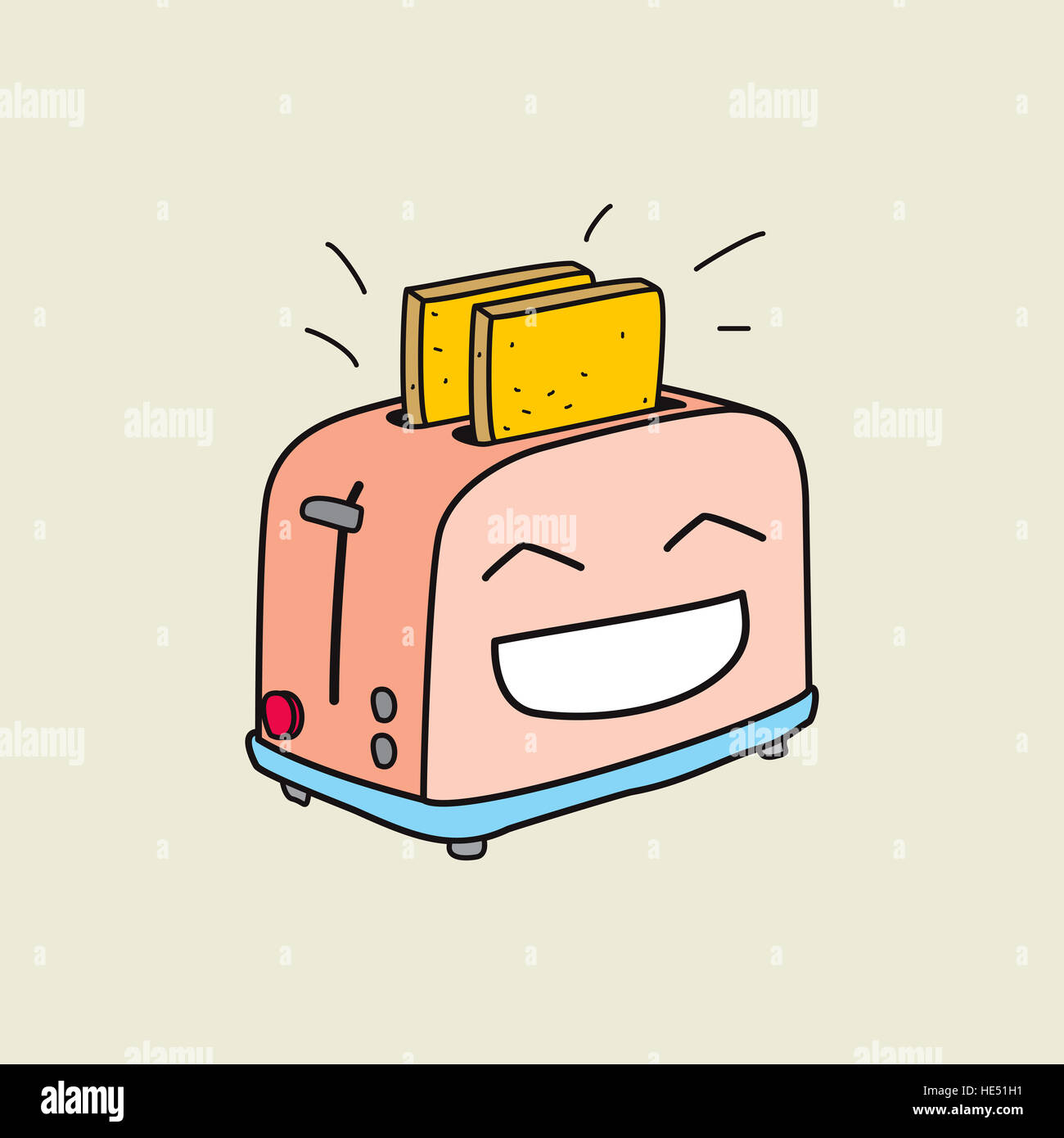 Lustige Illustration: happy Toaster ist bereit für das Frühstück. Morgen rituelle Karikatur Cartoon. Stockfoto