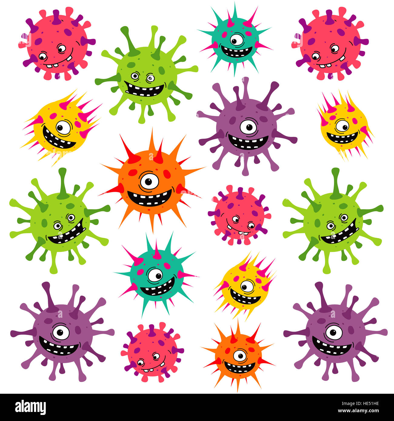 Cartoon-Viren, Keime oder Bakterien-Muster. Lustige bunte Reihe auf weißem Hintergrund Stockfoto