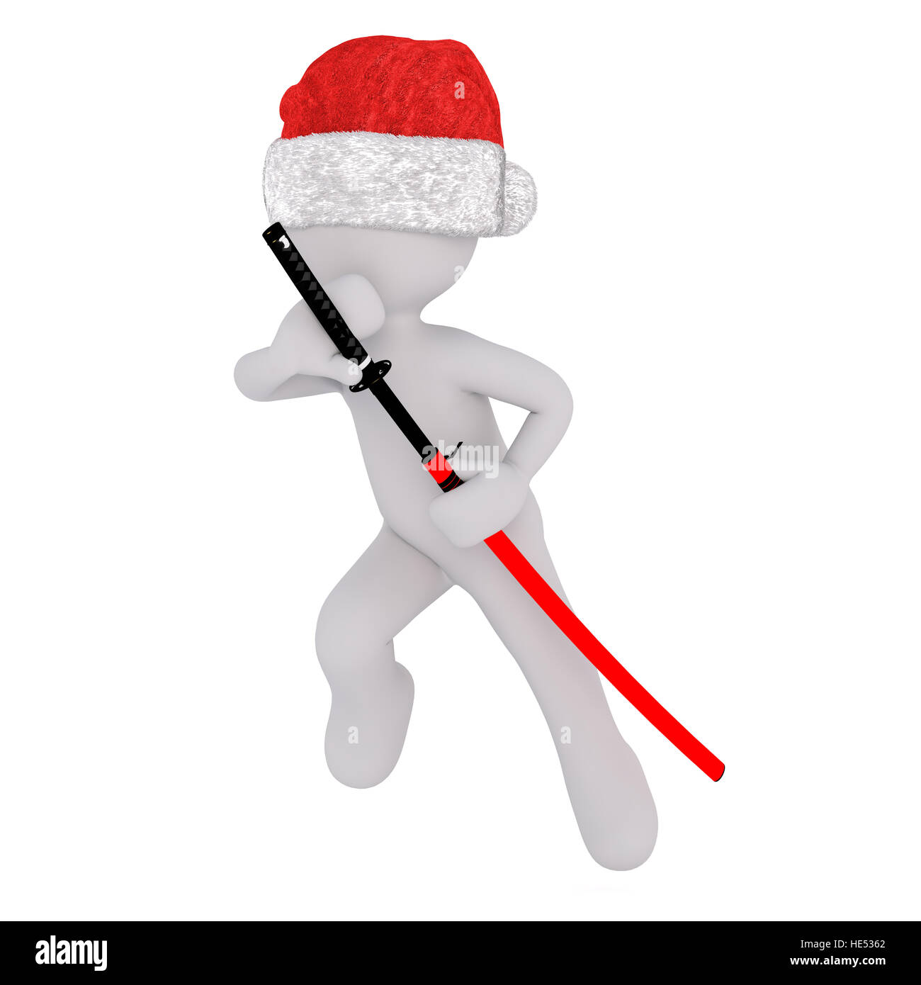 3D Toon in Nikolausmütze Zeichnung japanische Samurai-Schwert aus der Scheide auf weiß Stockfoto