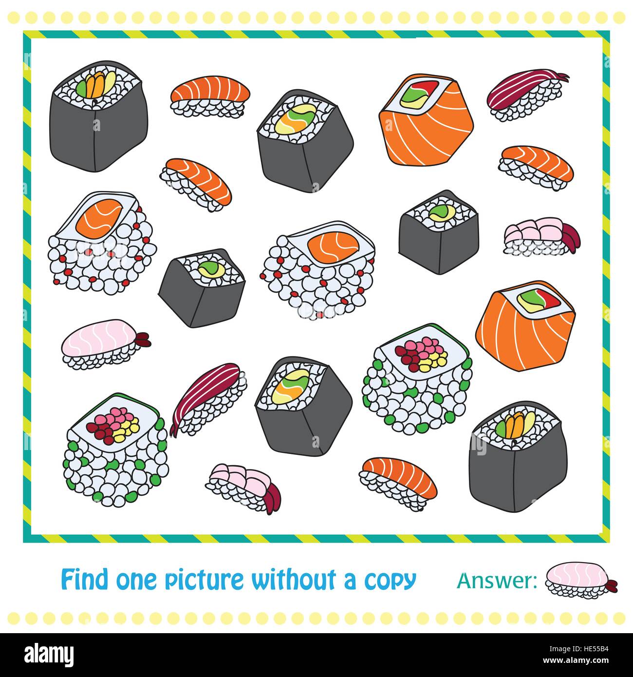 verschiedene Arten von Sushi in der hand gezeichnet Stil - Spiel für Kinder Stock Vektor