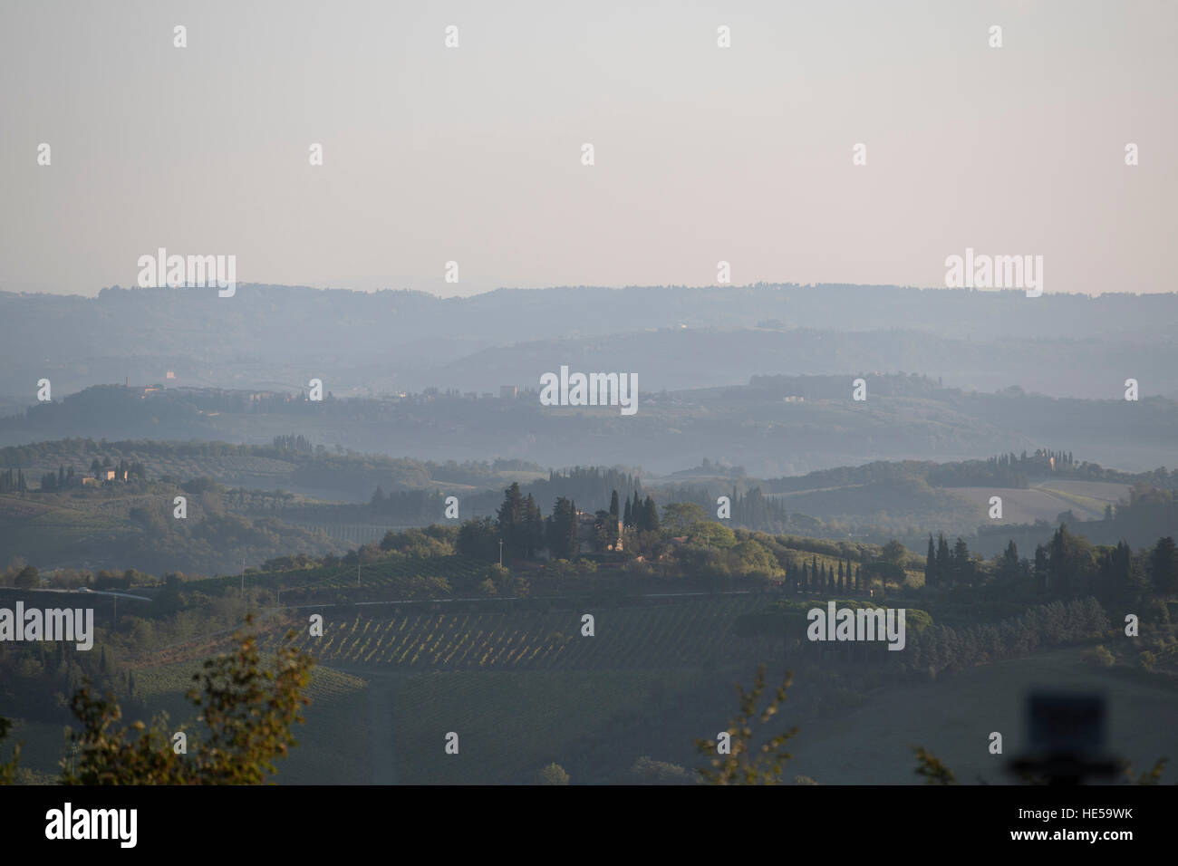 Morgendämmerung in der Umgebung von San Gimignano, Toskana. Stockfoto